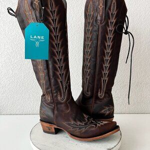 Lane LEXINGTON Knee High Cowboy Boots Cognac Brown Western Snip Toe Womens 7.5